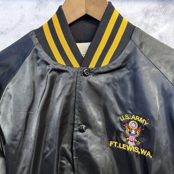 Vintage 80s ROTC Bomber Jacket Mens Large Black Satin Embroidered Military - Picture 3 of 16